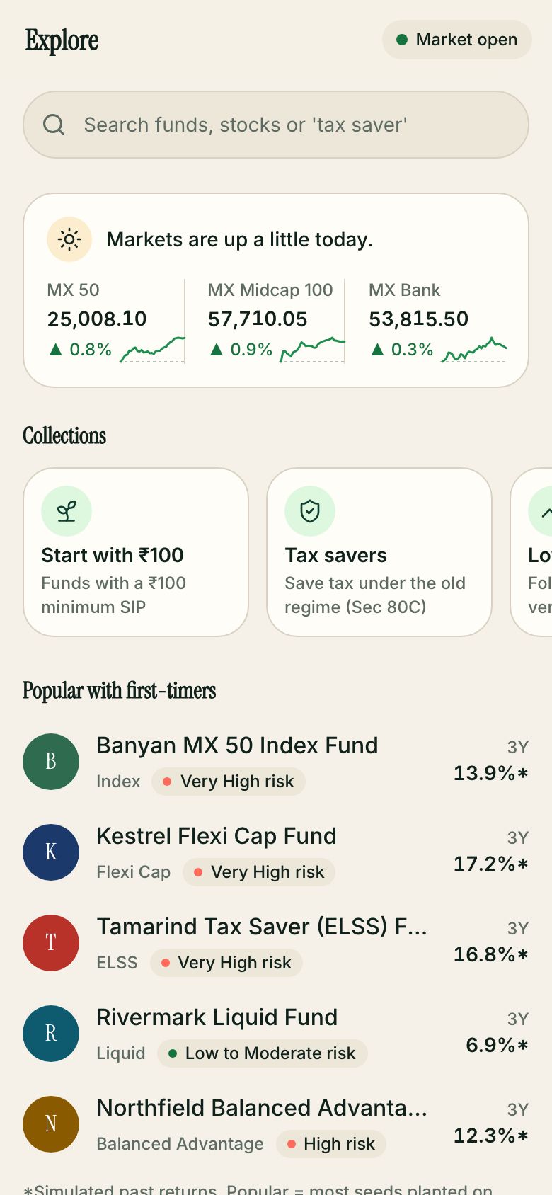Seedvest app, Explore: market summary and collections