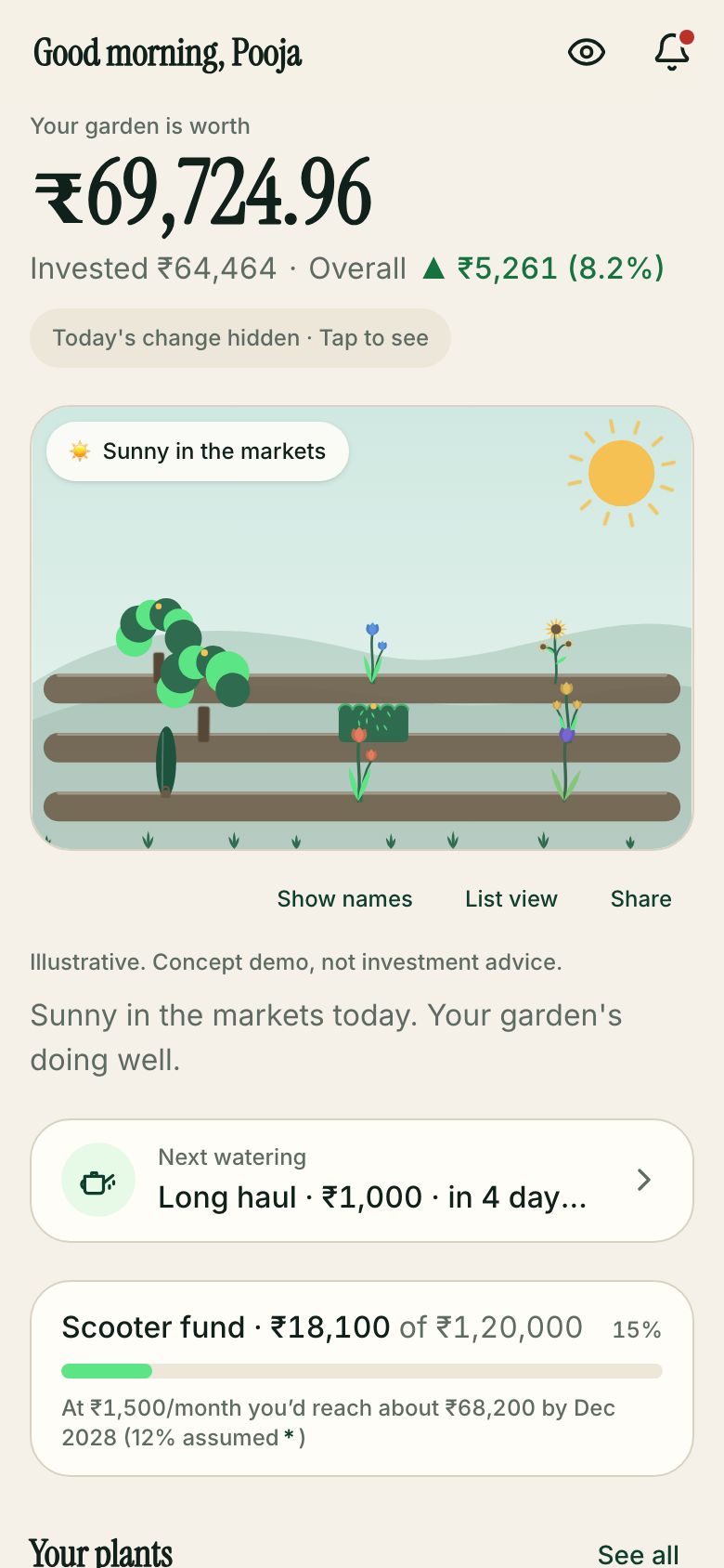 Seedvest app home: the portfolio drawn as a sunny garden