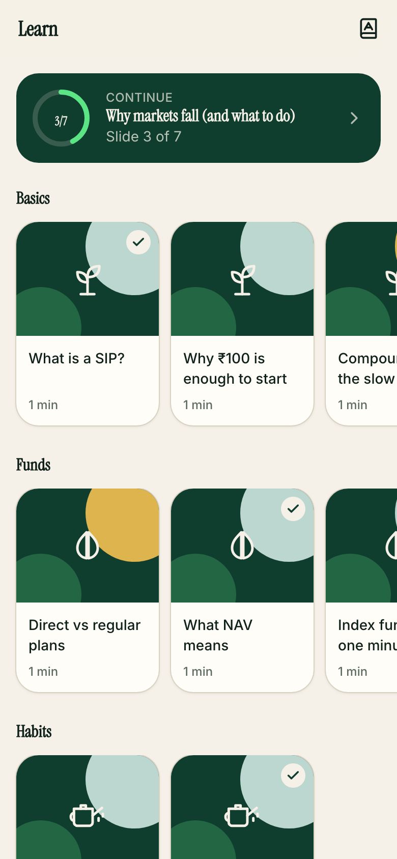 Learn screen with short lesson cards on SIPs and funds