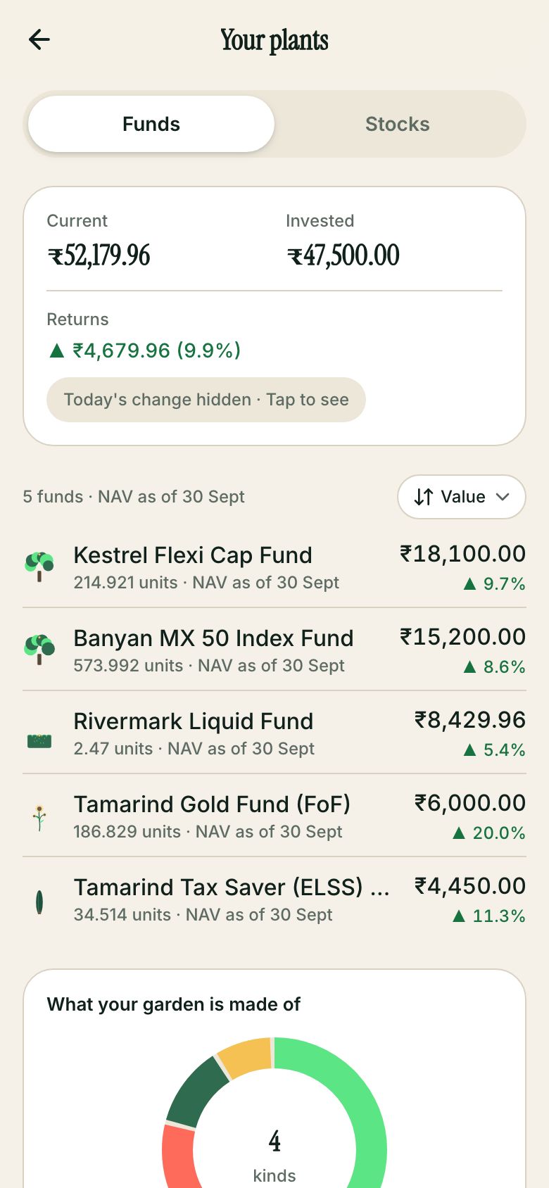 Holdings screen listing funds with current value and returns