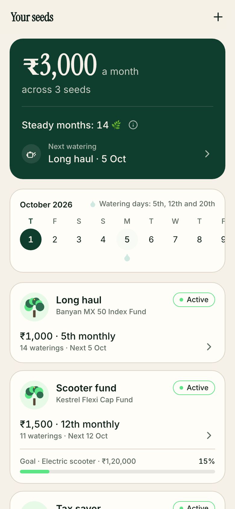 Seedvest app, Your seeds: ₹3,000 a month across three SIP seeds