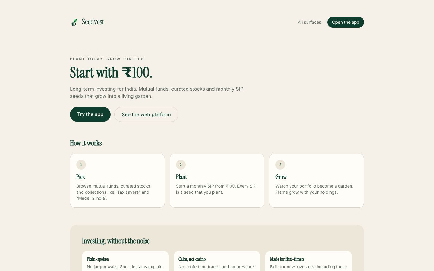 Seedvest website hero: Start with ₹100
